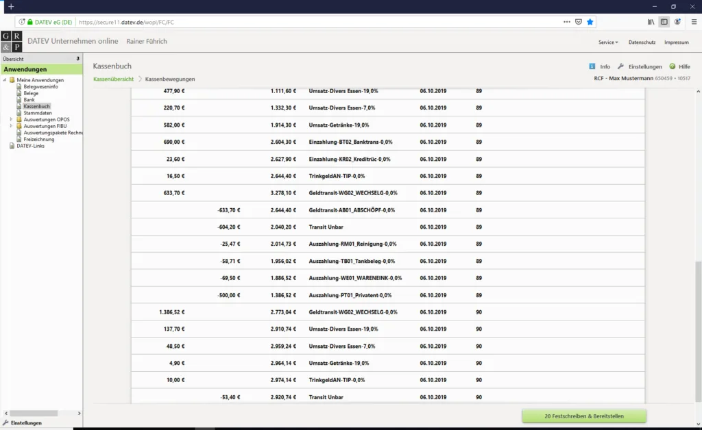 Beispiel eines DATEV Kassenbuchs im Unternehmen Online